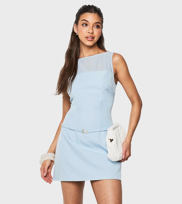 Tailored Buckle Detail Square Neck Skater Dress