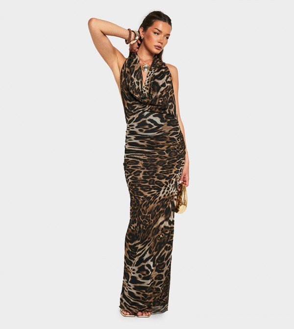Leopard Printed Mesh Maxi Dress