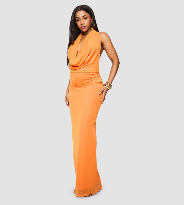 Cowl Neck Mesh Maxi Dress