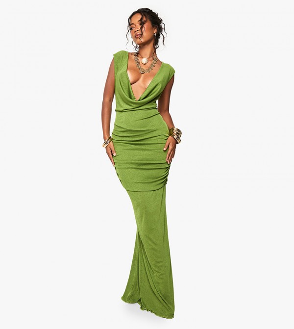 Cowl Neck Ruched Maxi Dress