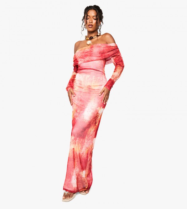 Blurred Abstract Bardot Maxi Dress