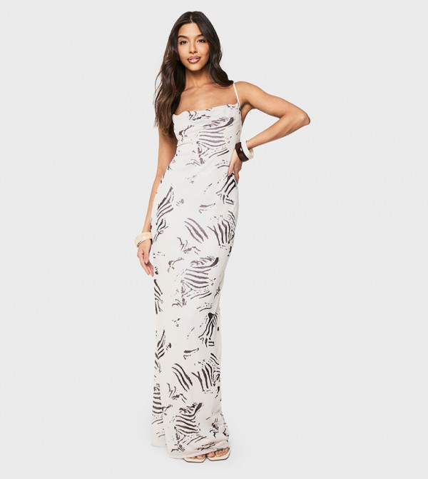 Printed Mesh Strappy Maxi Dress