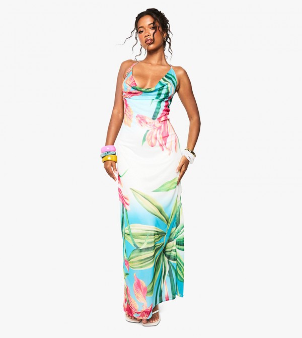 Tropical Printed Cowl Neck Mesh Maxi Dress
