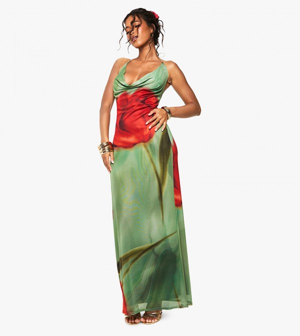 Floral Printed Cowl Neck Mesh Maxi Dress