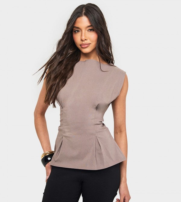 Solid Cinched Waist Sleeveless Top