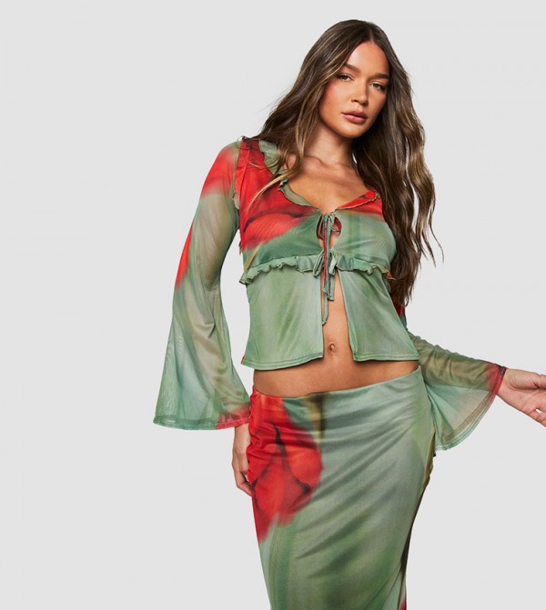 Floral Printed Mesh Tie Front Long Sleeves Crop Top