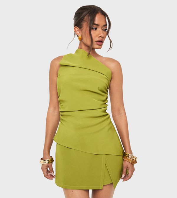 Solid One Shoulder Ruched Top