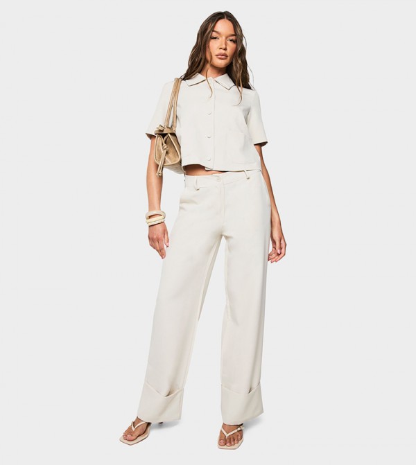 High Waist Turn Up Wide Leg Trousers
