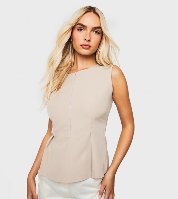 Woven Zip Front Peplum Top