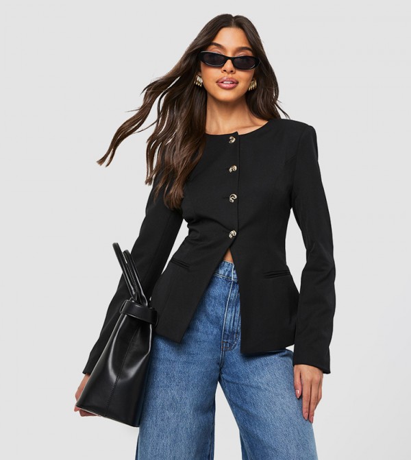 Gold Trim Collarless Tailored Blazer