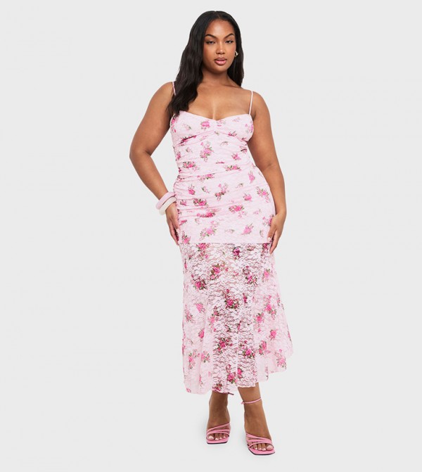 Curve Floral Lace Ruched Midaxi Dress
