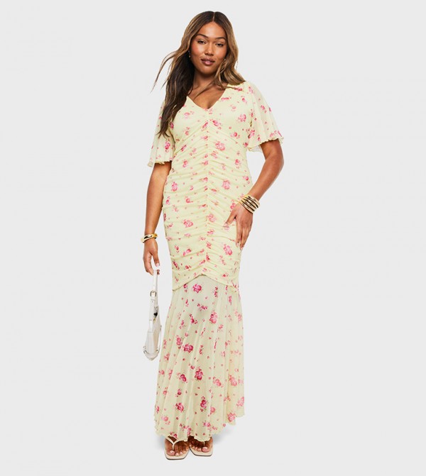 Curve Floral Mesh Ruched Flared Sleeves Mini Dress