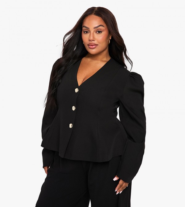 Curve Gold Button Puff Sleeves Blazer