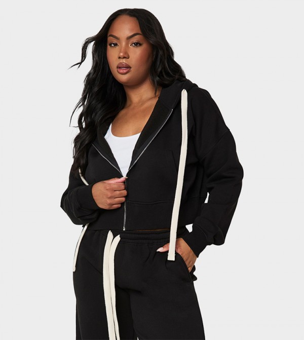 Curve Contrast Drawcord Crop Hooded Jacket