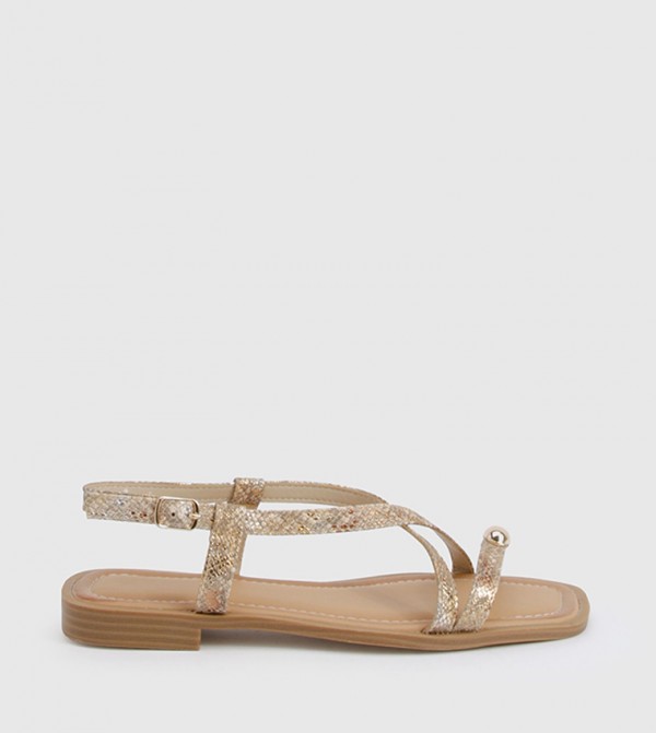 Gold Hardware Strappy Cross Over Flat Sandals