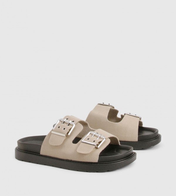 Double Buckle Eyelet Detail Flat Sandals