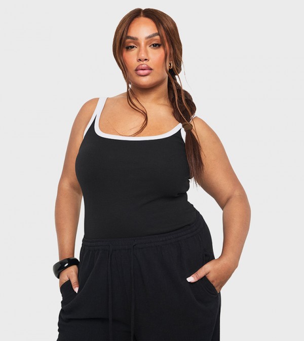 Curve Ribbed Contrast Binding Sleeveless Bodysuit Top