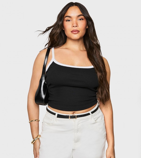 Curve Ribbed Contrast Binding Strappy Crop Top