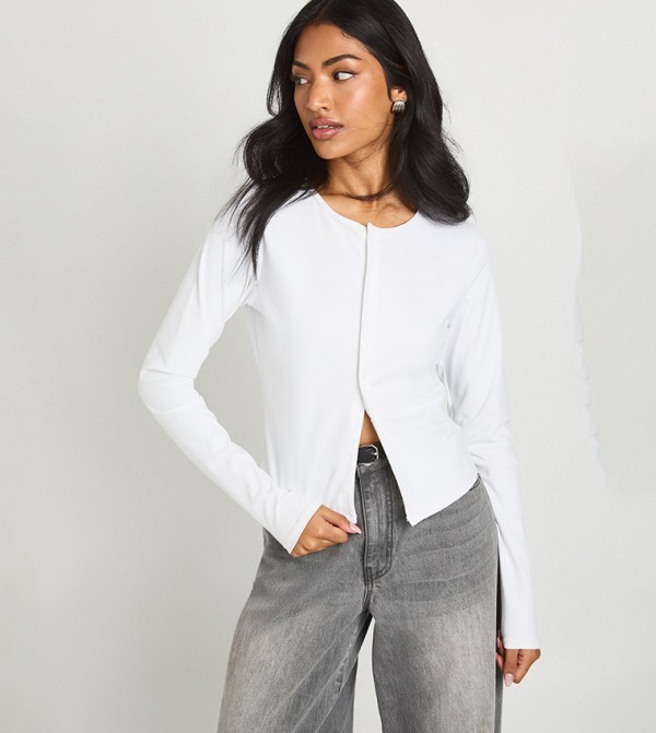 Solid Snap Button Long Sleeves Top