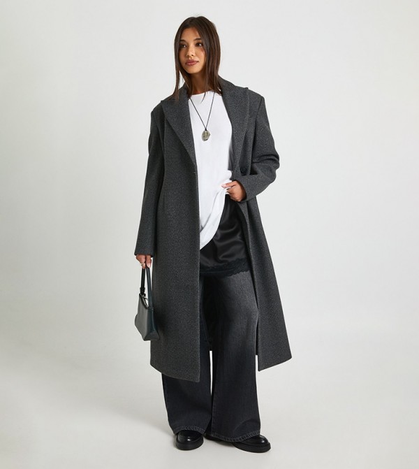 Cinched Waist Wool Look Coat