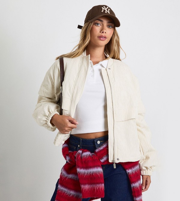 Textured Collarless Bomber Jacket
