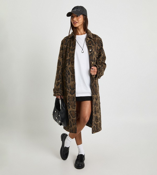 Printed Belted Wool Look Coat