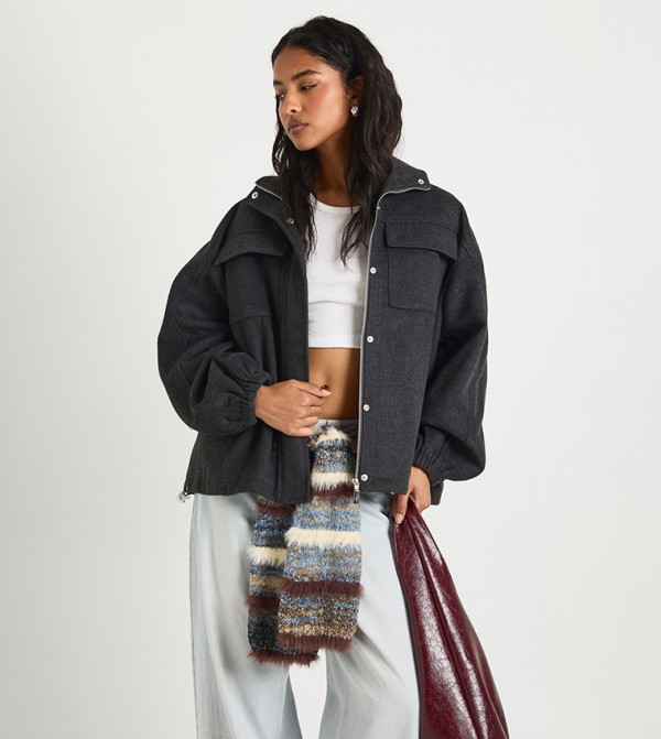 High Neck Wool Look Bomber Jacket