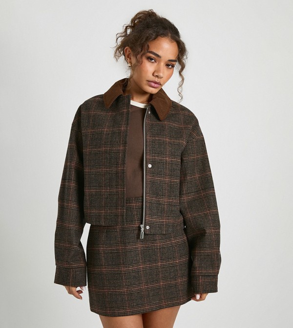 Contrast Collar Checked Wool Look Bomber Jacket