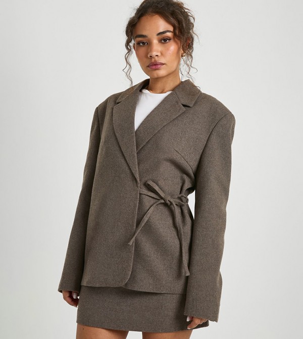 Belted Wool Look Tie Detail Blazer
