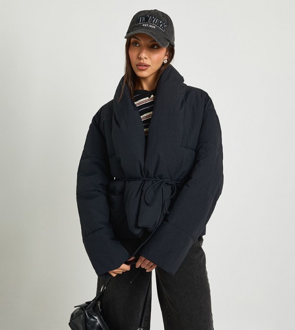 Tie Detail Short Puffer Coat