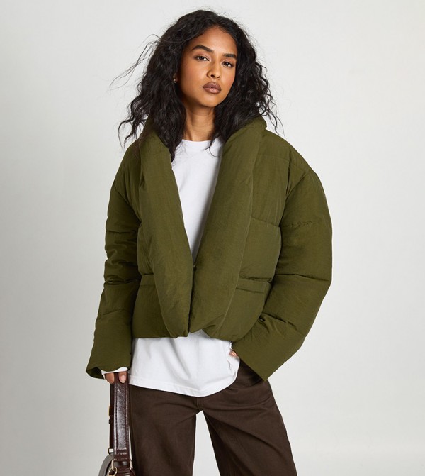 Tie Detail Long Sleeves Puffer Coat