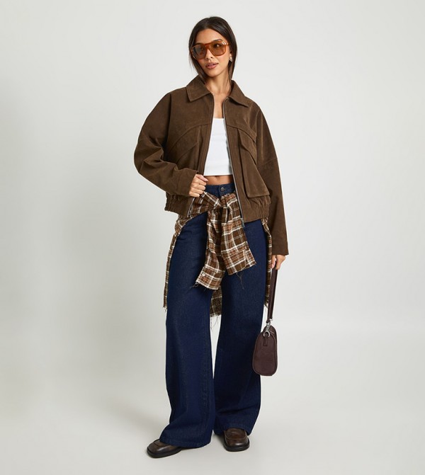 Faux Suede Collared Oversized Jacket