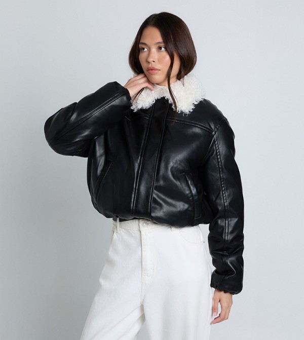 Faux Fur Collar Faux Leather Bomber Jacket