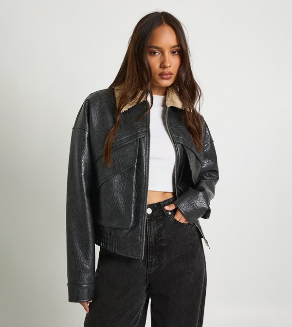 Faux Fur Collar Faux Leather Bomber Jacket