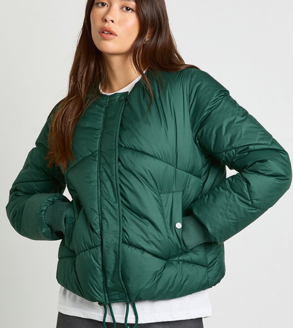 Zippered Collarless Puffer Jacket