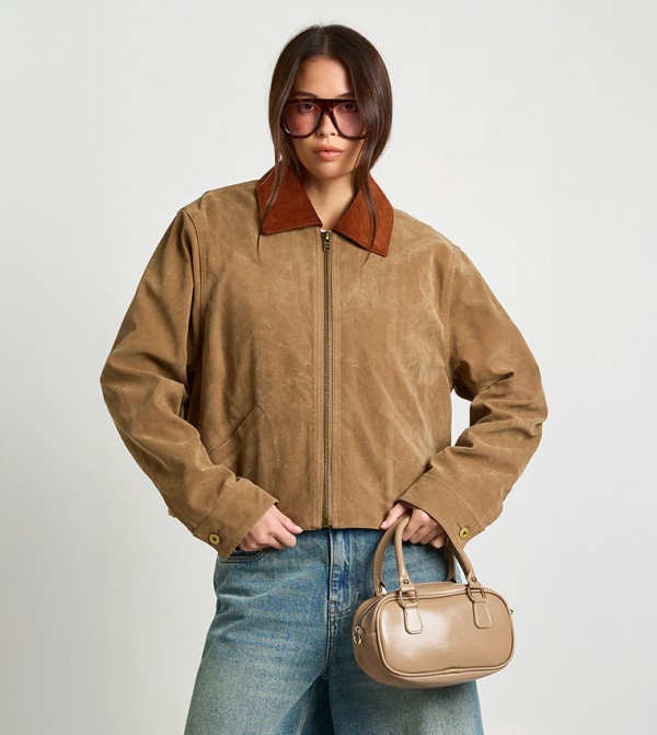 Cord Contrast Collar Faux Suede Jacket