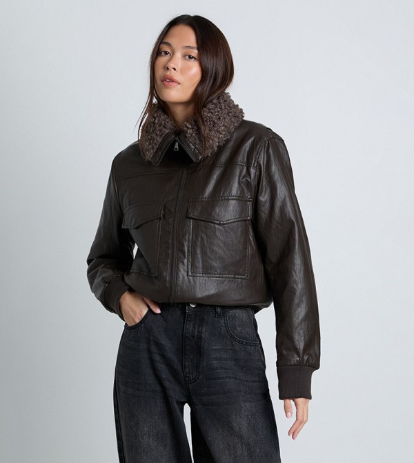 Faux Fur Trim Faux Leather Jacket