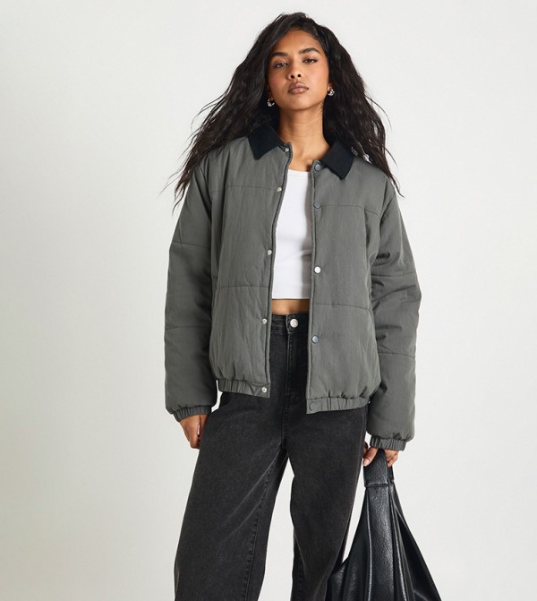 Contrast Collar Peached Padded Jacket