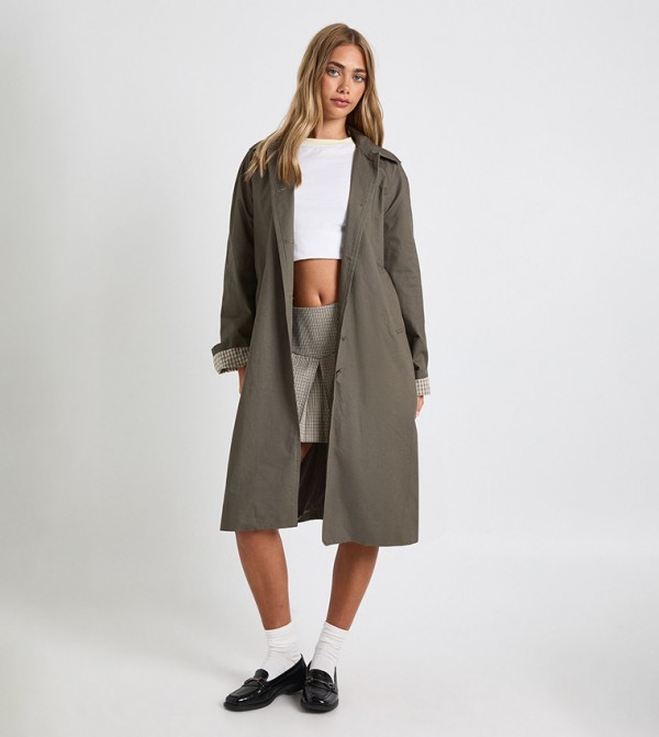 Checkered Cuff Detail Collared Trench Coat