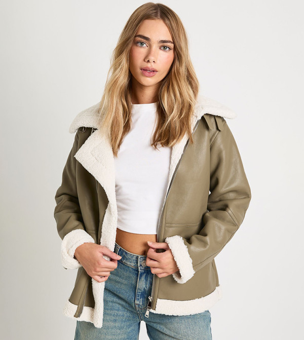 Teddy Trim Bonded Faux Leather Aviator Jacket