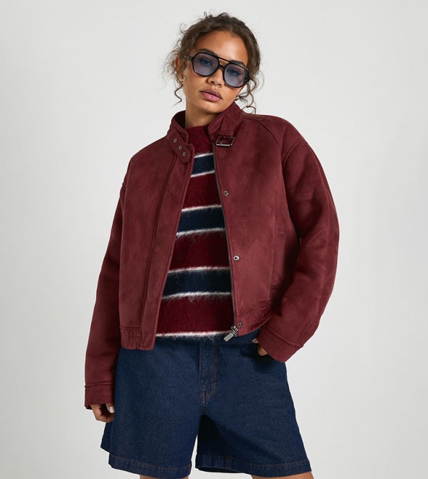 Faux Suede Long Sleeves Aviator Jacket