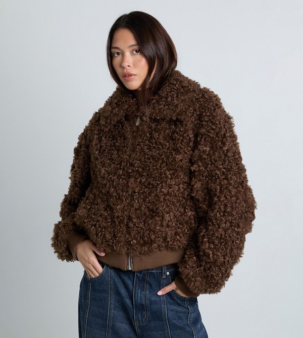 Shaggy Fur Long Sleeves Bomber Jacket