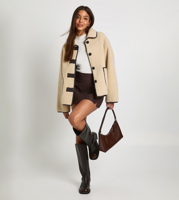 Contrast Binding Collared Teddy Jacket