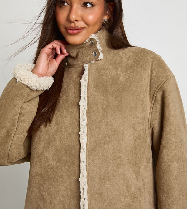 Suede High Neck Fur Lined Aviator Jacket