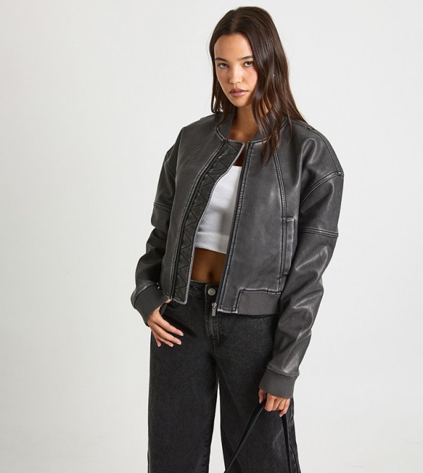 Vintage Look Faux Leather Bomber Jacket