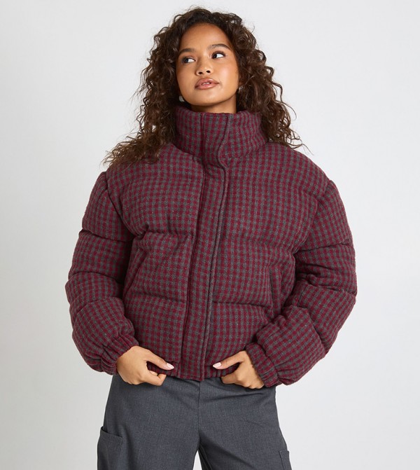 Check Funnel Neck Puffer Jacket