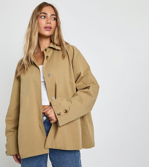 جاكيت ترنش قصير كاروهات بياقة