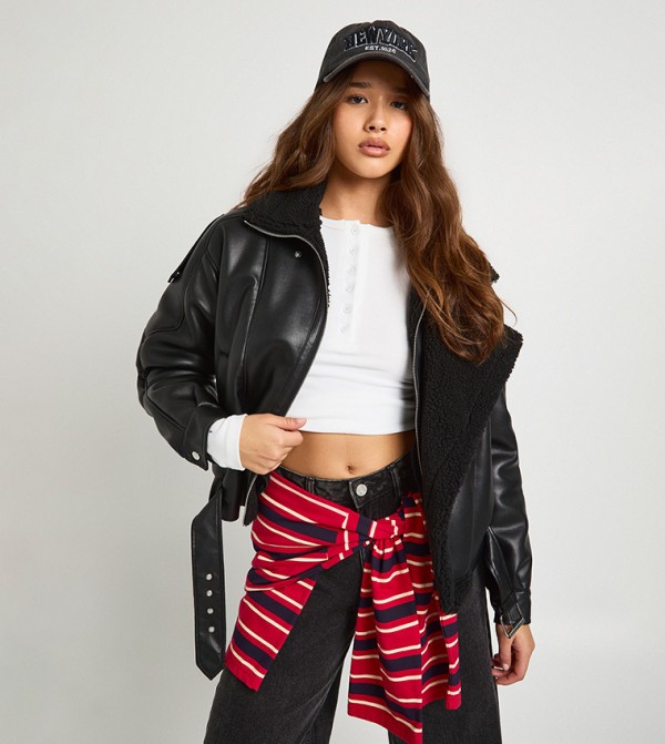 Borg Trim Faux Leather Bonded Aviator Jacket