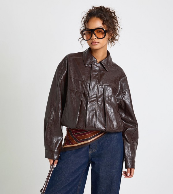 Collar Detail Faux Leather Bomber Jacket
