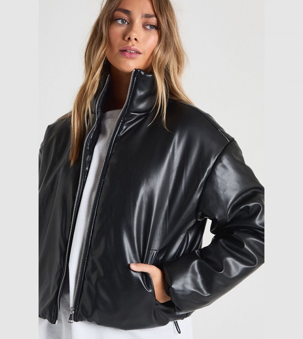 High Neck Faux Leather Bomber Jacket